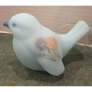 Vintage Fenton Blue Satin Bird Figurine Hand Painted Flowers Signed By Artist
